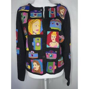 Michael Simon Photography Faces Beaded Embroidered Black Cardigan SAMPLE M